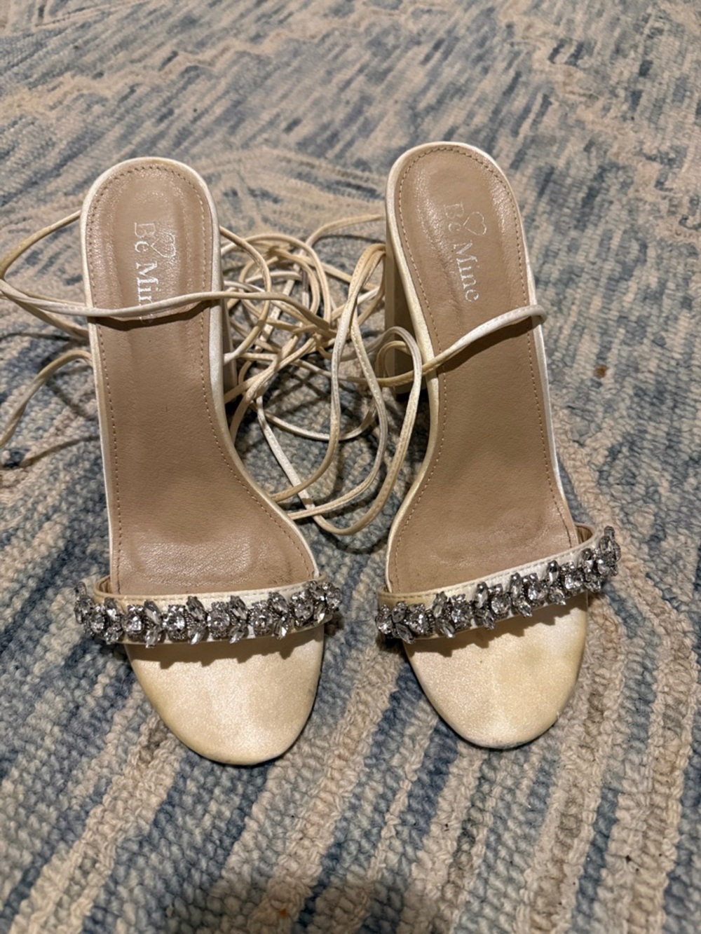 Be Mine Stain Ivory Block Heel Lace up Sandals with Floral Rhinestones Size 7